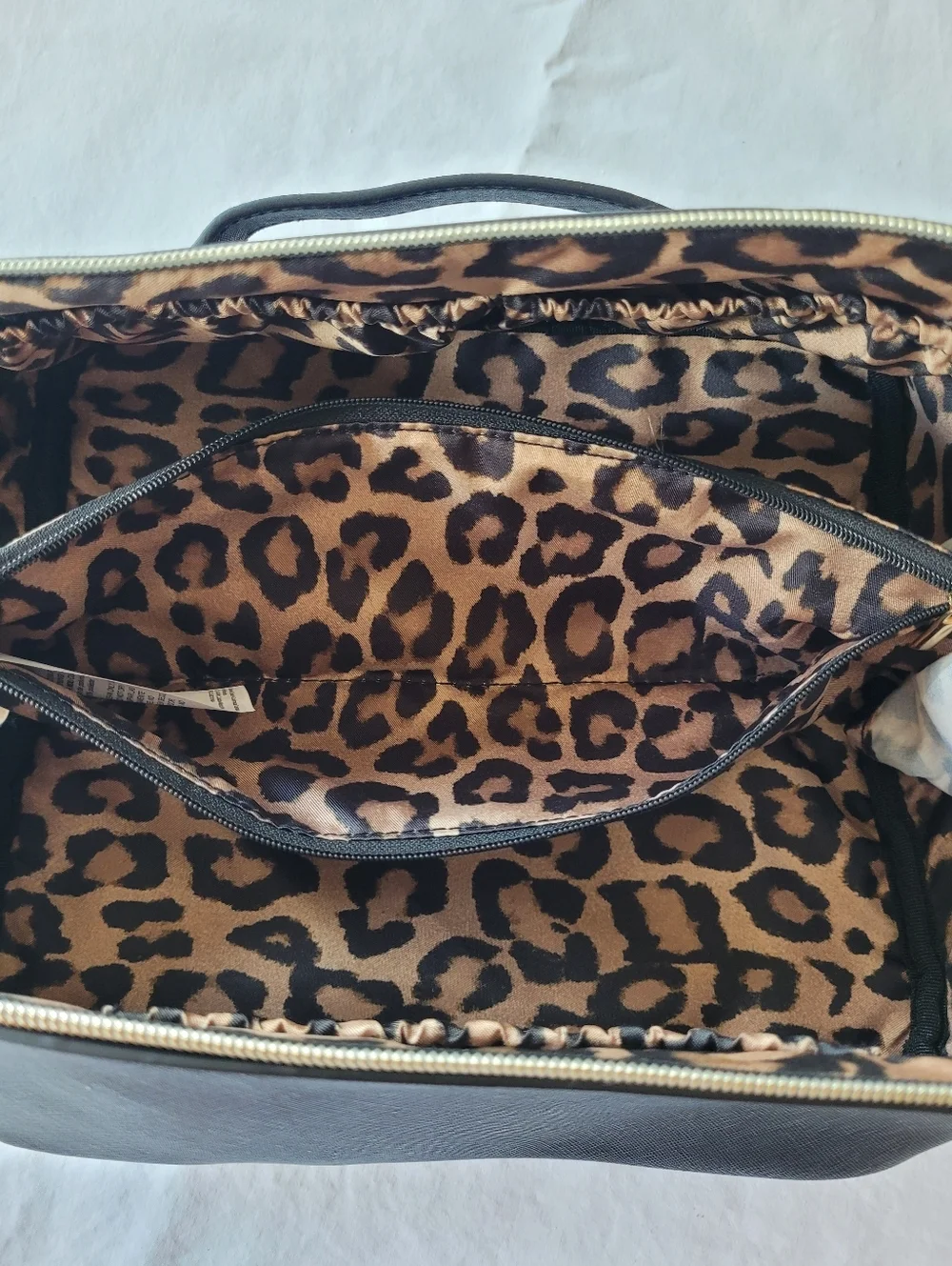 CHICOs Women's Black Leather Travel Dopp Kit with Gold Hardware And Leopard Line